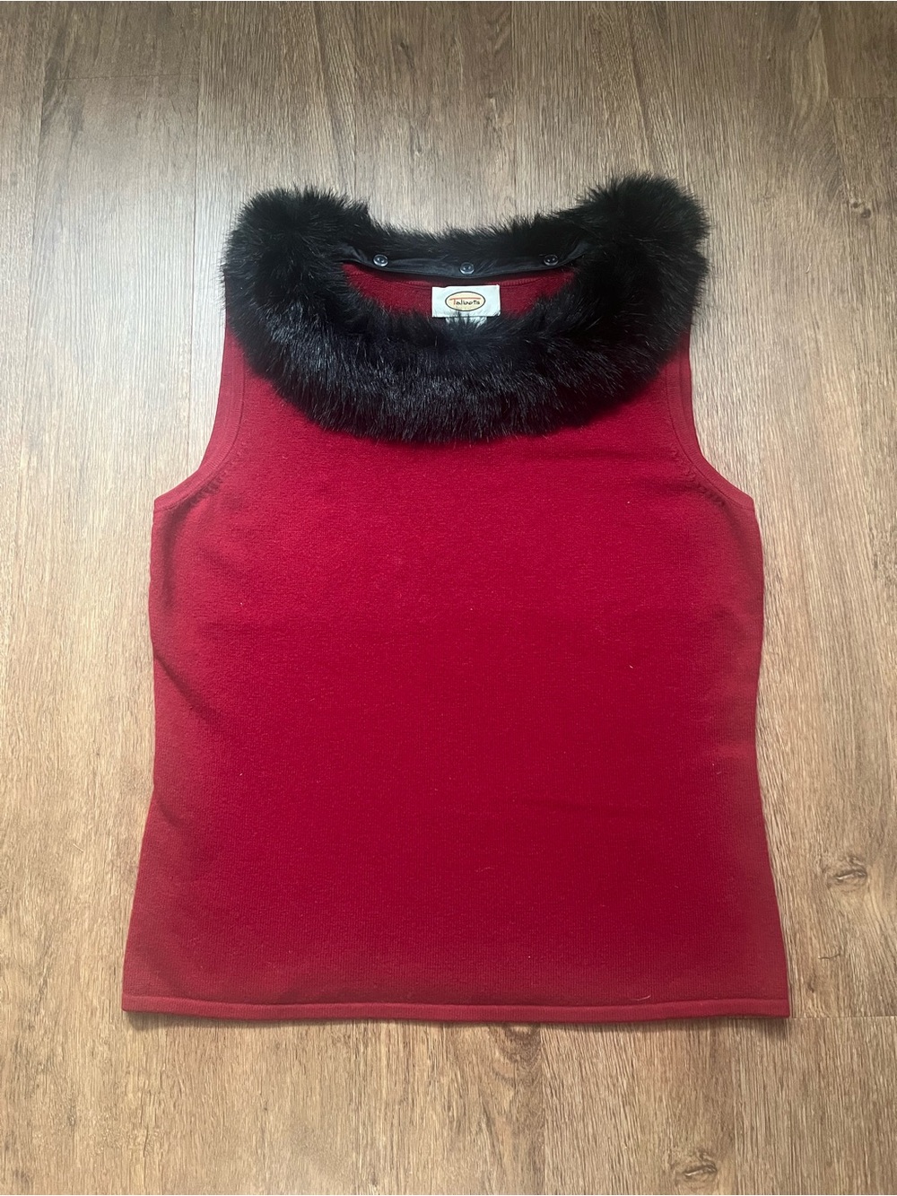 Talbots Holiday Christmas Red Sweater Detachable Black Faux Fur Collar Size S